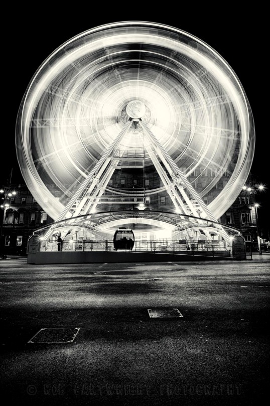George Square Observation Wheel big slow shutter long exposure night city urban wide angle lens photography photo glasgow scotland bw black &amp; white B&amp;W mono monochrome nikon d700 project365 365project photoaday